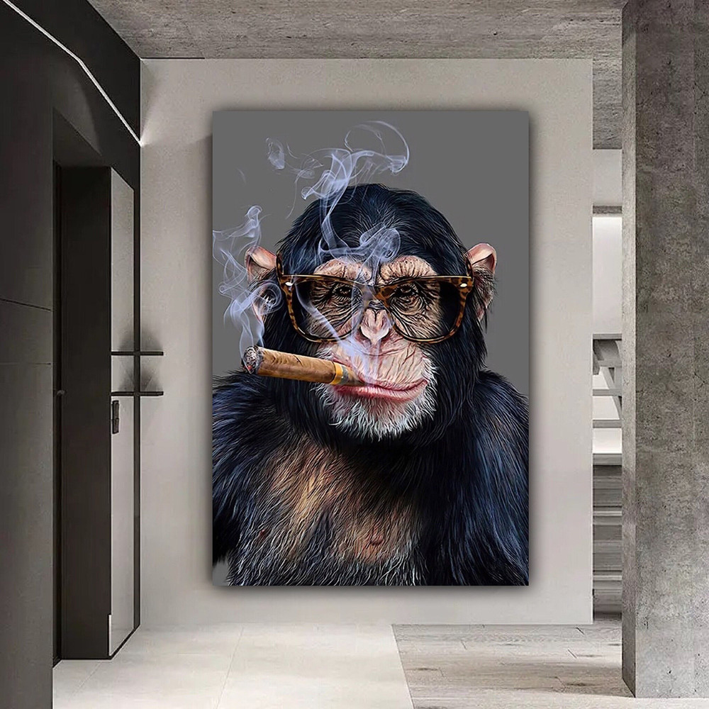 Monkey canvas smoking a cigar, Monkey portrait, Monkey painting, Pop art fun canvas, Funny painting, modern painting, funny poster.jpg