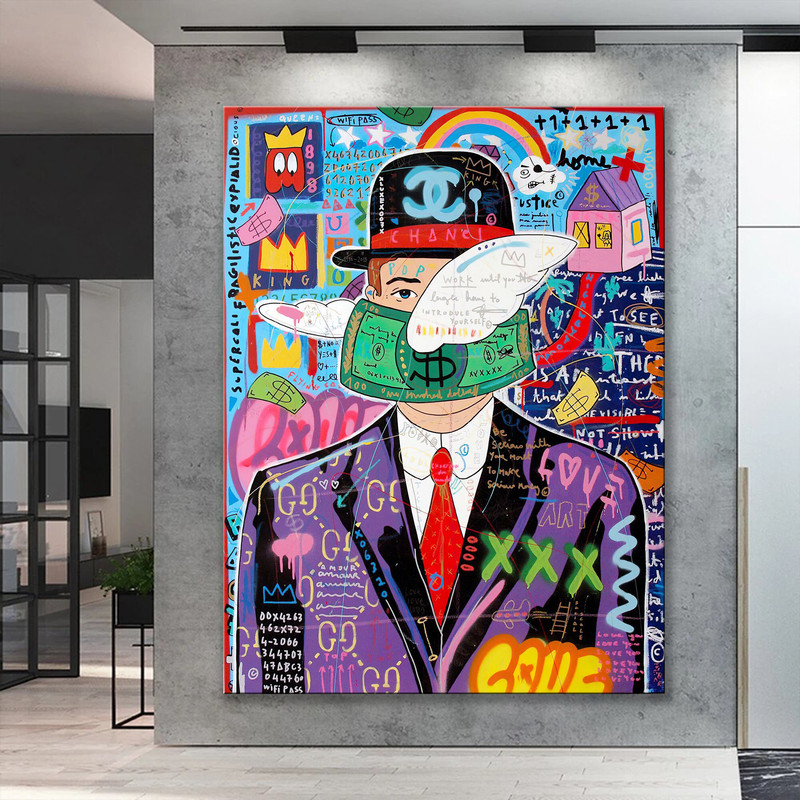 Rene Magritte Son of Man With Dollar Banksy Style Canvas Pop Art Print, Banksy Graffiti Street Art, US Dollar Art, Mural Art, Christmas Gift.jpg