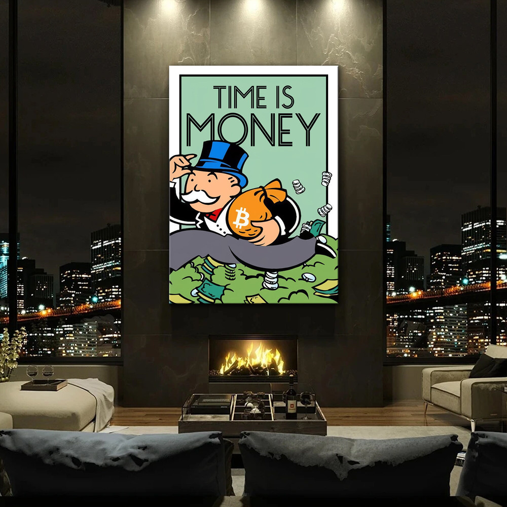 Time is Money Mr Monopoly Bitcoin Billionaire Canvas, Mr Monopoly, Money Wall Art Home Decor, Luxury Gift, Luxury Wall Art, Money Pool Art.jpg
