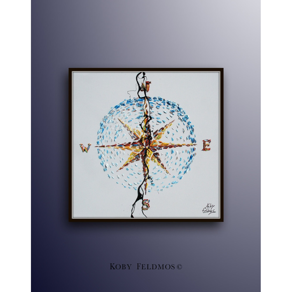 Abstract Compass 35 Original oil painting with thick texture, beautiful looks, blue tones, Modern Art by Koby Feldmos.jpg