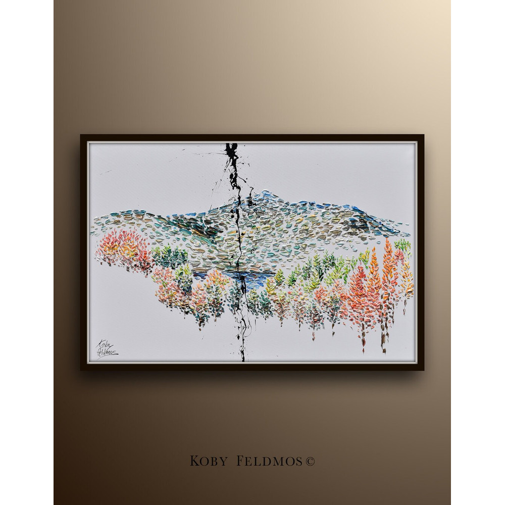 Beautiful Extra large oil painting 60x40 mt chocorua Warm and cold tones, oil on canvas, trees, mountains and lake - By Koby Feldmos.jpg