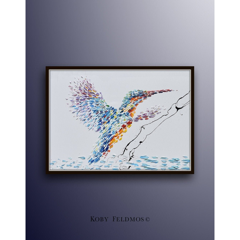Bird artwork 40 - oil painting on canvas, beautiful bird rising from the water, unique color combination, relaxing looks, by Koby Feldmos.jpg