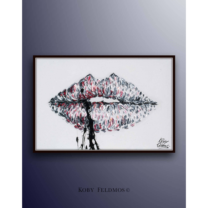 Black white painting 40 lips in touches of red pink, beautiful female sexy alluring lips of woman, thick oil paint layers, by Koby Feldmos.jpg