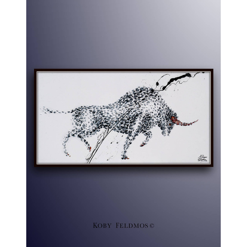 BULL 67 Black white Painting original handmade Bull painting, modern style, beautiful texture, oil on canvas by Koby Feldmos.jpg