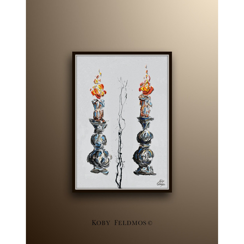 Candles Shabbath 40, Religious art, holyland art jewish artwork, Judaica art, Kiddush candle, fire, art for home, judaica gift , Koby.jpg