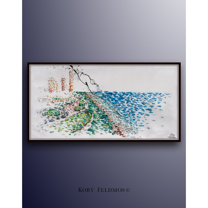 City skyline over the sea 55 Painting Skyline cityscape original oil painting on canvas, thick layers, Luxury looks, By Koby Feldmos.jpg