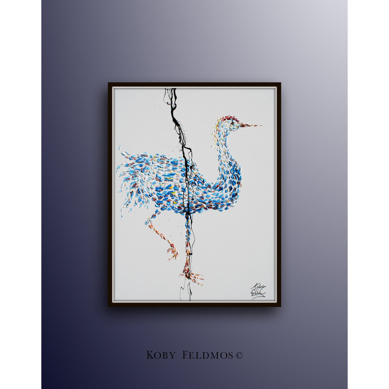 Crane Bird Oil Painting 40, Original oil painting on canvas, relaxing blue colors, handmade original art by Koby Feldmos.jpg