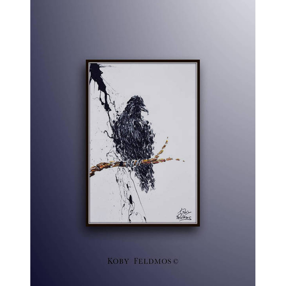 Crow painting 40, original oil painting , black and white, beautiful texture, by Koby Feldmos.jpg