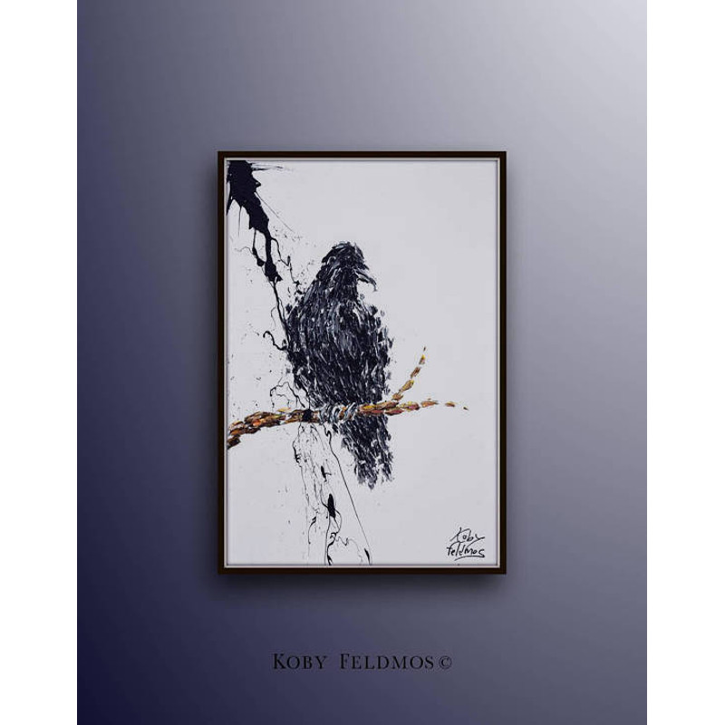 Crow painting 40, original oil painting , black and white, beautiful texture, by Koby Feldmos.jpg