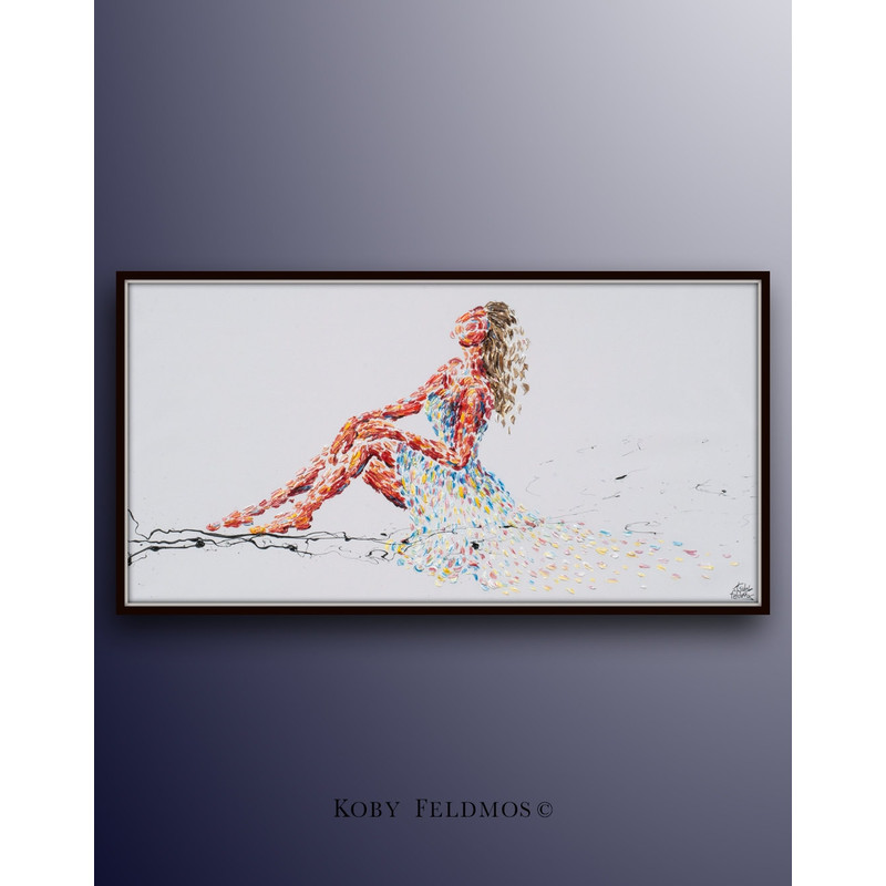 Dress woman 55 painting with a sexy dress, calming colors, triangle composition, thick texture Oil on canvas by Koby Feldmos.jpg