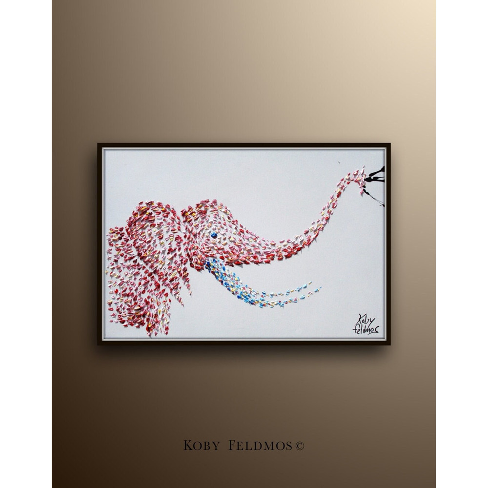 Elephant 40 oil Painting Beautiful pink and and blue colors, Lots of texture, cute for any room, calming painting, By Koby Feldmos.jpg