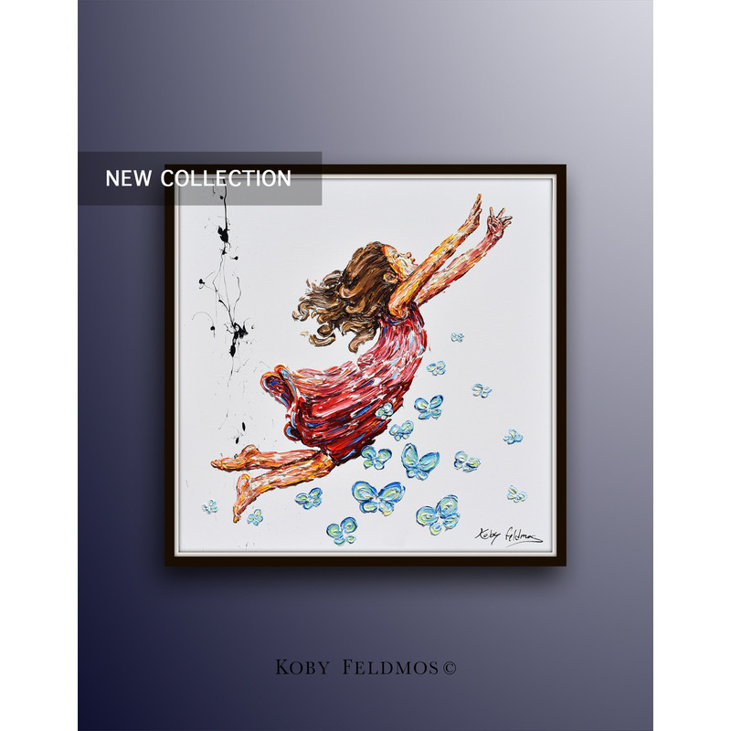 Freedom Girl 35x35 - Super Unique original painting of a girl flying with butterflies, oil painting on canvas by Koby Feldmos.jpg