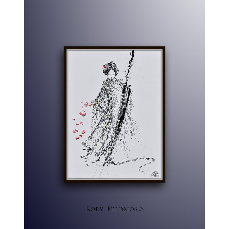 Geisha 35 AMAZING! beautiful Japanese geisha with reddish flowers, artistic and beautiful figure, oil on canvas, by Koby Feldmos.jpg