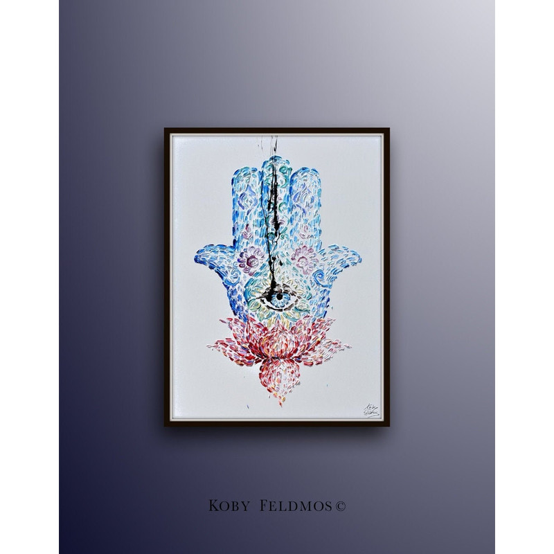 Hamsa 40 Original oil painting on canvas, judaica painting amulet symbol against evil eye, Breathtaking painting by Koby Feldmos.jpg