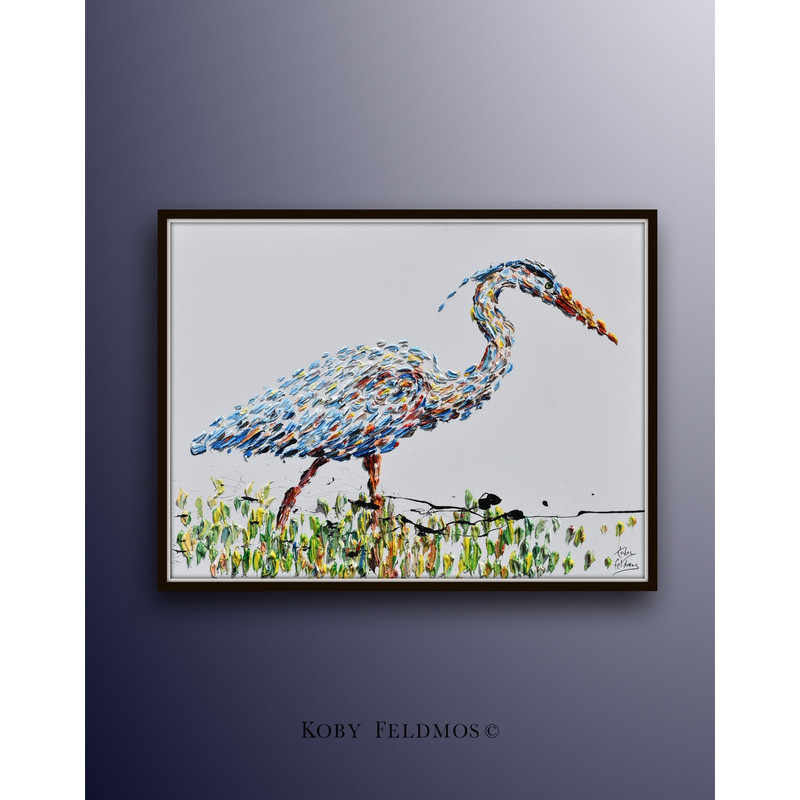 Heron Bird Oil Painting 40, Original oil painting on canvas, relaxing colors, handmade original art by Koby Feldmos.jpg
