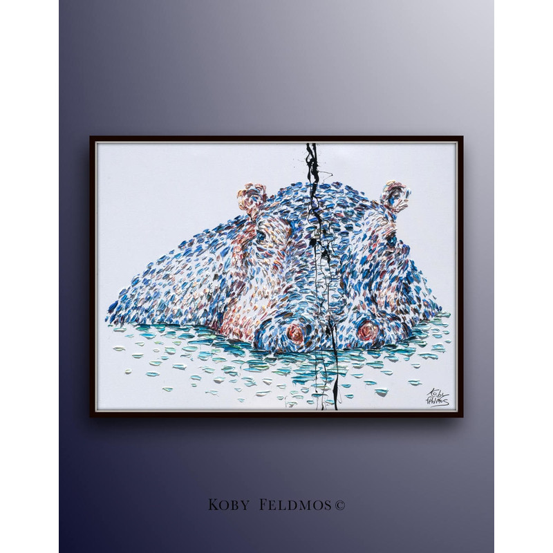 Hippopotamus 40, amazing texture, beautiful relaxing animals painting in water, by Famous artist koby Feldmos Israel.jpg