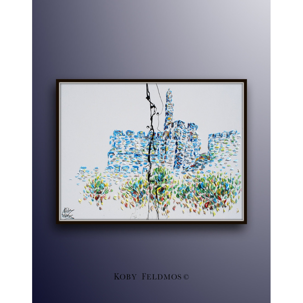 King David Tower 40, Jerusalem Israel , Oil on canvas, thick layers, blue green colors,  By Koby Feldmos.jpg