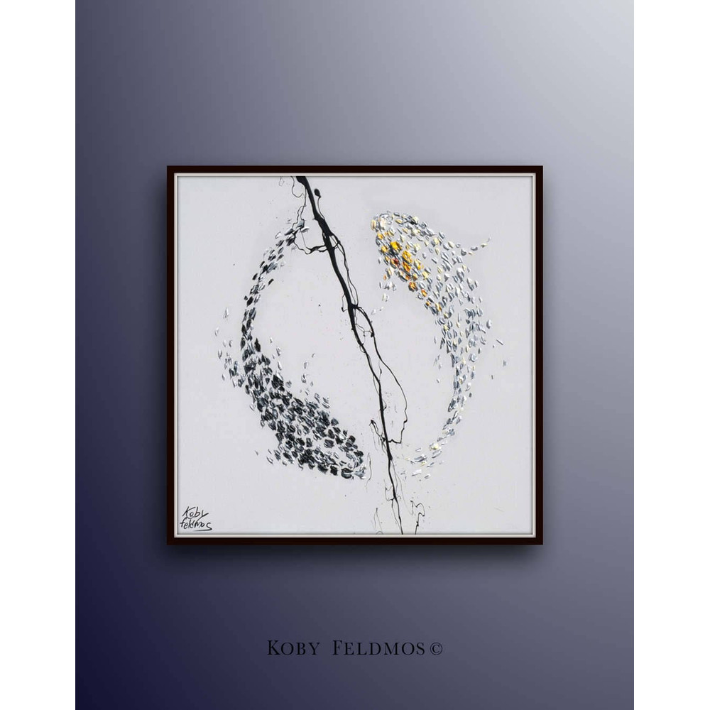 Koi Fish 35x35 painting, black white colors, , beautiful relaxing composition, oil on canvas, animals, modern, by Koby Feldmos.jpg