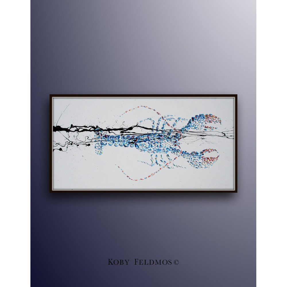 Lobster painting 55, beautiful cool colors, reddish large claws, very impressive piece, oil painting on canvas, hand made by Koby Feldmos.jpg