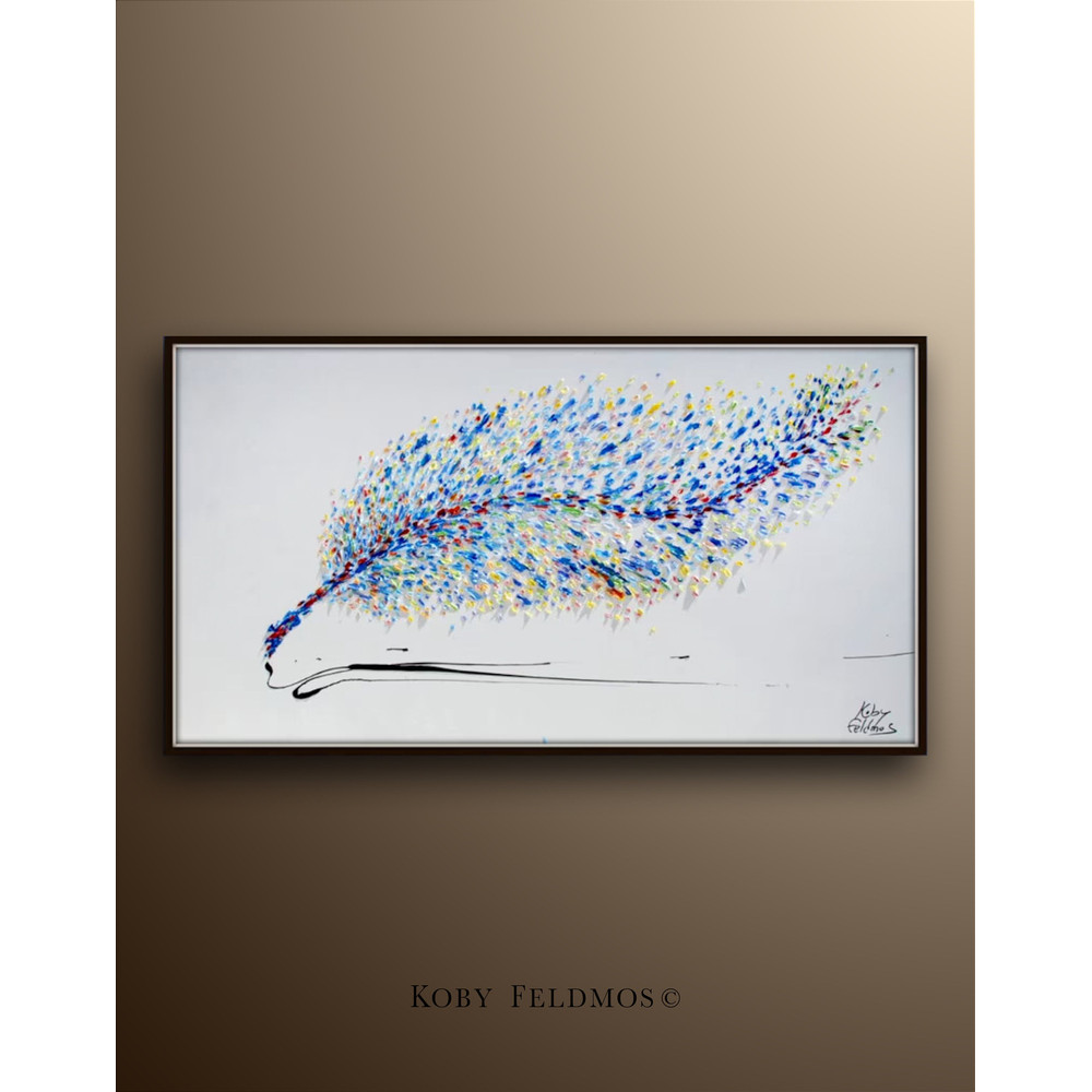 Painting - Feather 55, Original & Hand made oil Painting of a Feather, Large Painting, modern art, certification attached, By Koby Feldmos.jpg