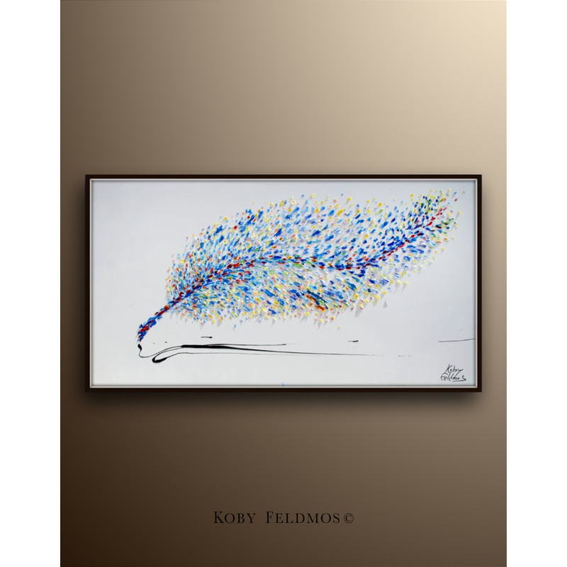 Painting - Feather 55, Original & Hand made oil Painting of a Feather, Large Painting, modern art, certification attached, By Koby Feldmos.jpg