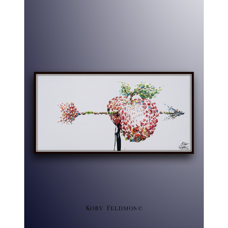 Painting 55 Original oil painting on canvas beautiful apple with arrow thick layers modern art hand made by Koby Feldmos.jpg