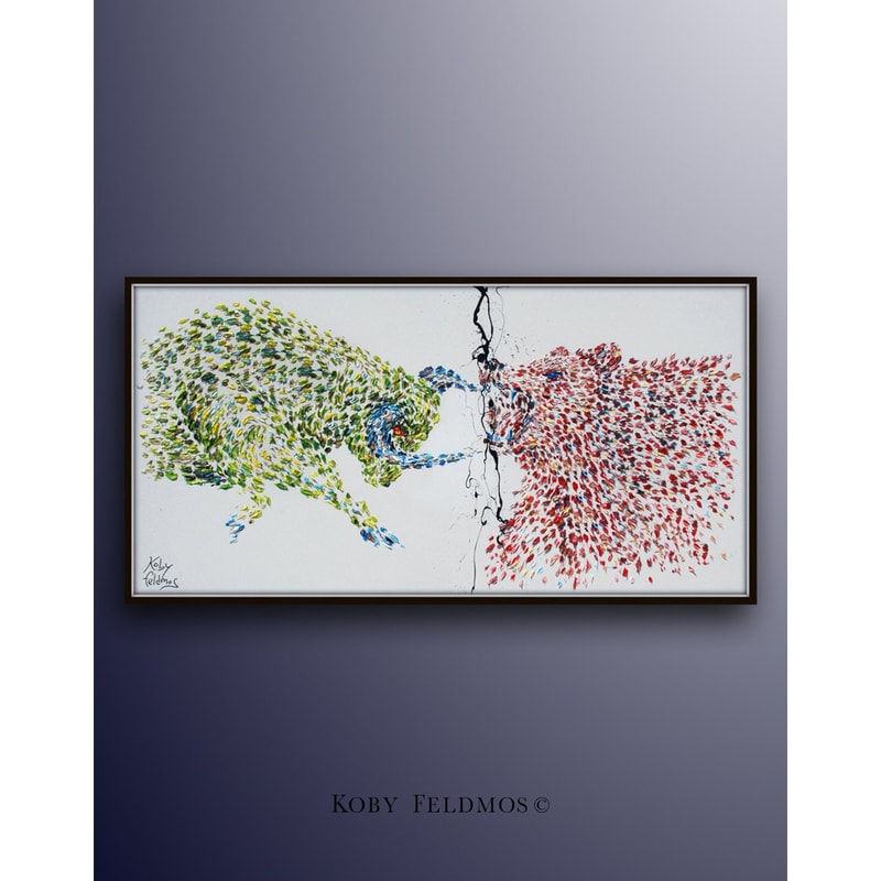 Painting 55 Wall street Stock Exchange Bull vs Bear , original oil painting on canvas, Animals, By Koby Feldmos.jpg