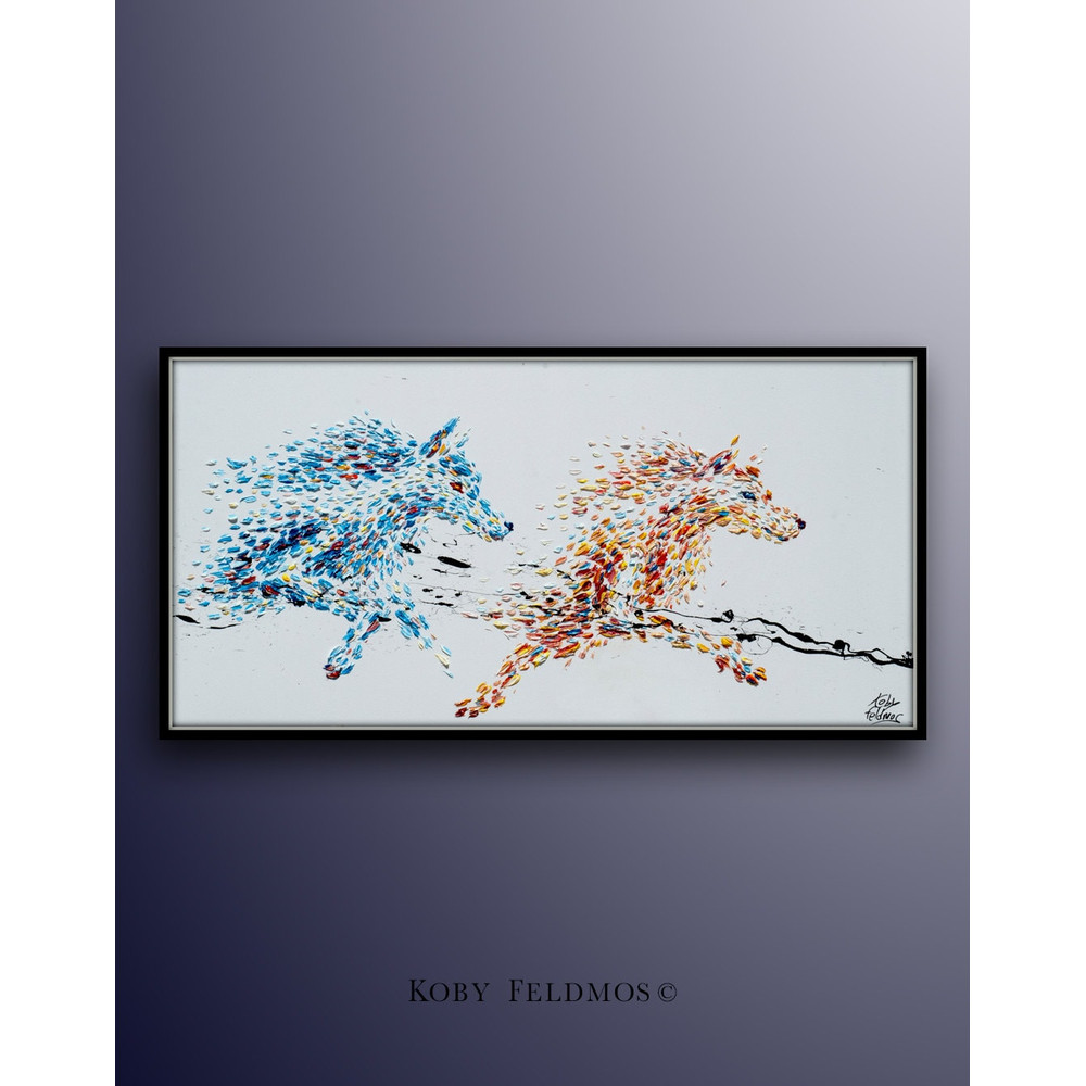 Painting 55 Wolf Painting Beautiful warm and cold colored wolfs running Animal Abstract Painting , Original l painting By Koby Feldmos.jpg