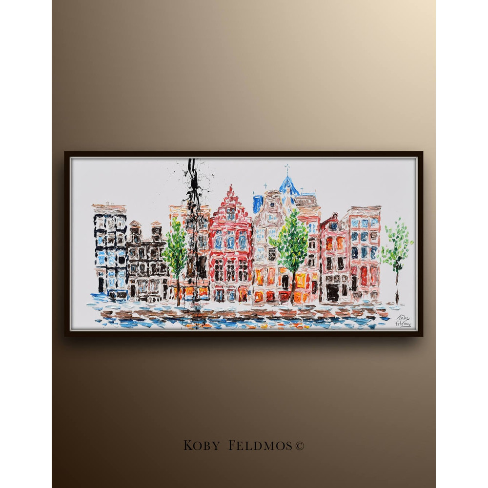 Painting Netherlands 55 Amsterdam Buildings cityscape Skyline cityscape original oil painting on canvas, thick layers, By Koby Feldmos.jpg