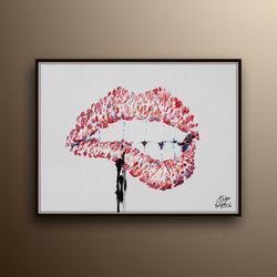 red lips 40 painting lips biting pop art modern painting extremely unique, pinkish red color, thick