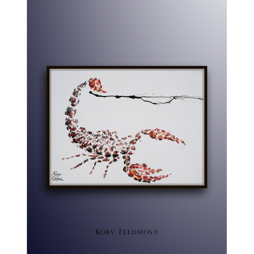 Scorpion original 40 oil painting on canvas, animal, red black vivd strong colors like the sting, by Koby feldmos.jpg
