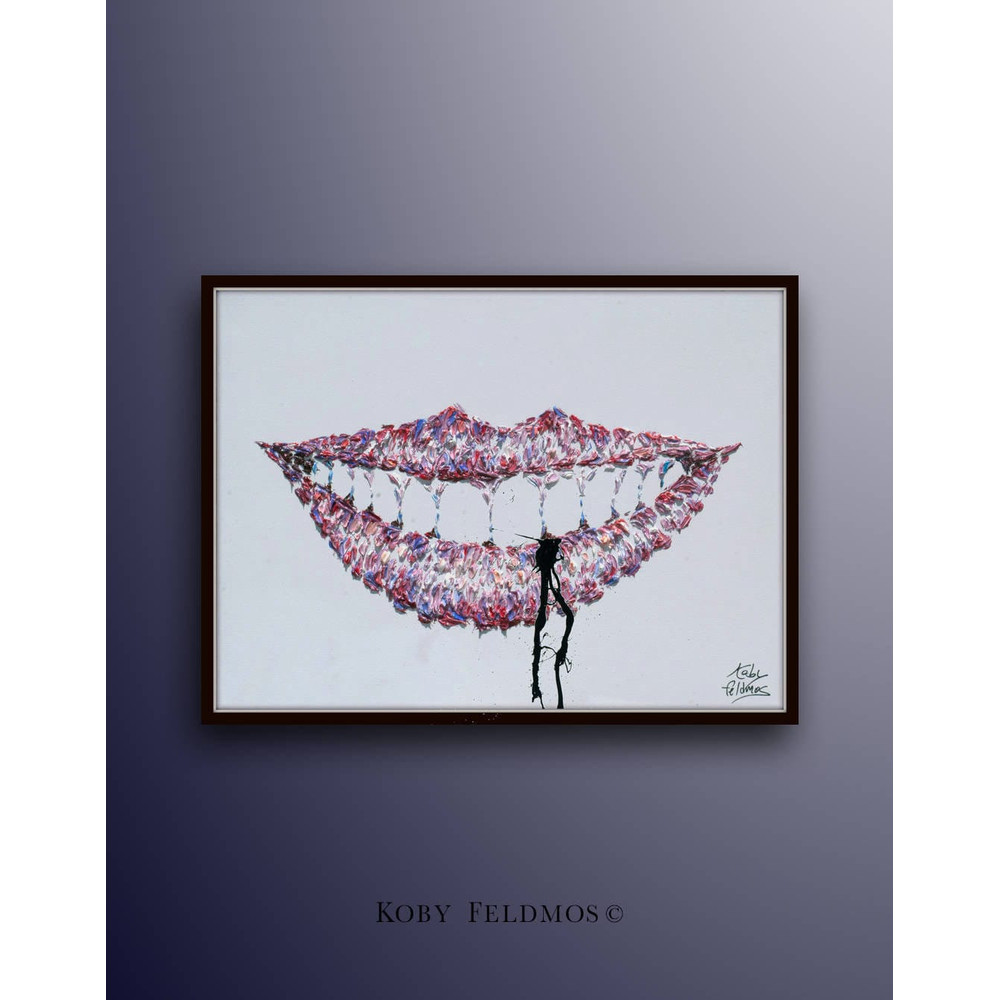Smile lips painting 40 Lips biting Pop Art Modern Painting, teeth, dentist , beautiful smile, pink , purple pink lips,.jpg