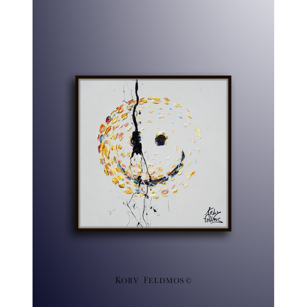 Smiley 25 face oil painting on canvas, modern contemporary art, yellow , square, cute painting , impasto style, by Koby Feldmos.jpg