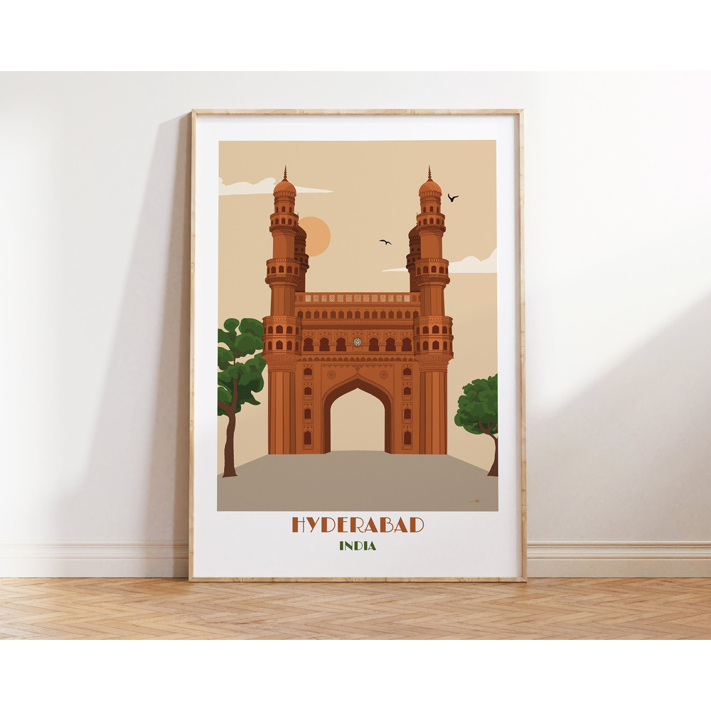 Charminar Poster, India Travel Print, Hyderabad Wall Art, Indian Art, Desi Art, Telangana Illustration, Telugu Home Decor, Retro Wall Art.jpg