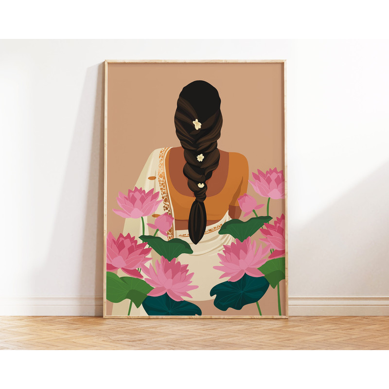 Desi Art, Indian Art, Indian Woman in Saree Art, Brown Girl Art, South Asian Art, Tamil Girl Art, South Indian Art, Telugu Art, Lotus Flower.jpg