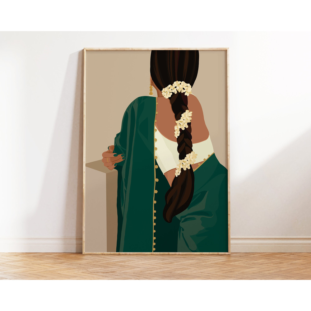 Desi Art, South Asian Woman Illustration, Brown Girl Portrait, Modern Woman in Saree Art, South Indian Art, Tamil Art, Indian Woman Wall Art-1.jpg