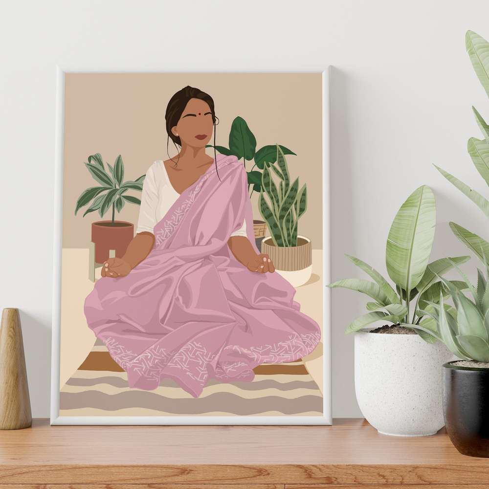 Desi Art, South Asian Woman Meditating Print, Indian Art, Boho Plant Print, Botanical House Plants Art, Plant Lover Gift, Crazy Plant Lady.jpg