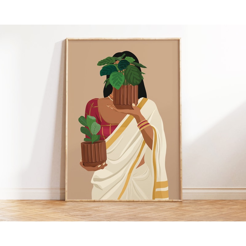 Desi Plant Mom Art, Botanical Art, Plant Lady Art, Desi Art, Indian Woman & Plant Art, Indian Art, South Asian Art, Brown Girl, Plant Lover-1.jpg