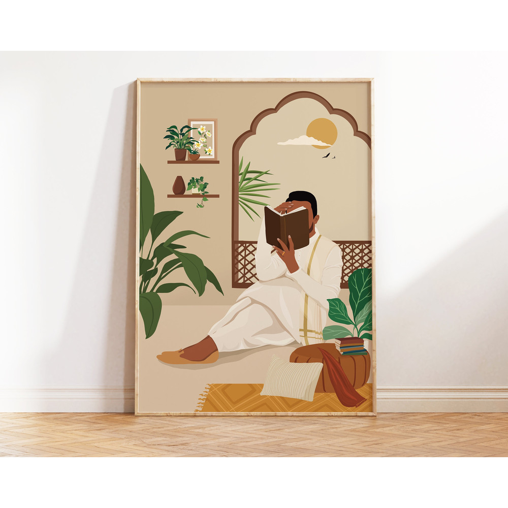 Gender Bender Art, Indian Man Reading Book Art, Indian Art, Desi Art, Book Lovers Art, South Asian Art, Indian Man Art, Brown Man, Boho Art.jpg