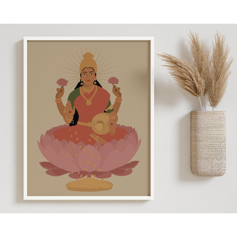 Goddess Lakshmi Art, Hindu Mythology, Indian Painting, Hindu Yoga, Sri Lakshmi on lotus flower, Goddess of Wealth, Desi Art, South Asian Art.jpg