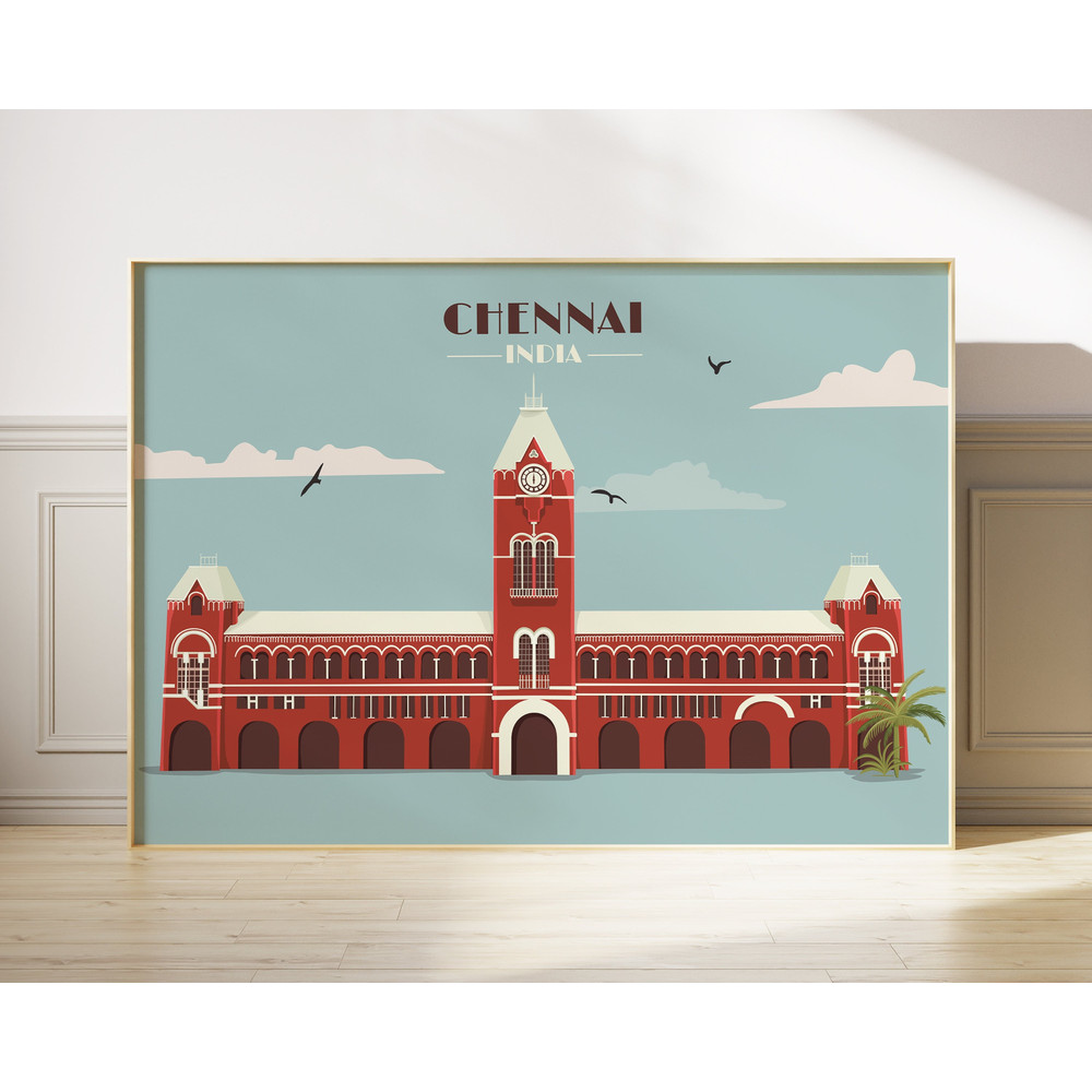 India Travel Print, Chennai Central Illustration, Indian Art, Desi Art, South Asian Poster, Tamil Home Decor, Retro Wall Art, Vintage Poster.jpg