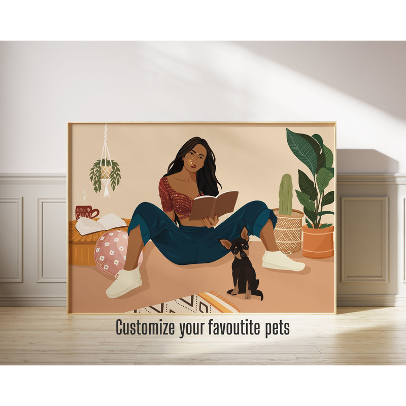 Indian Girl with Dogs your pets Art, Modern Woman Reading Book, Desi Art, Indian Book Lovers Art, South Asian Art, Indian Art, Tamil, Brown.jpg