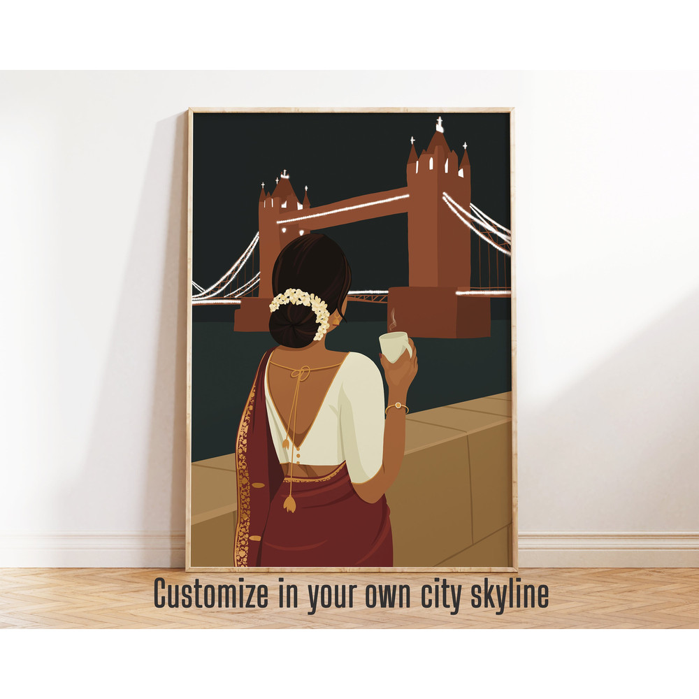 Indian Woman Drinking Chai in LondonCustomise your City, Desi Art, Indian Art, Woman Drinking Coffee Art, Coffee Lover, South Asian Print.jpg