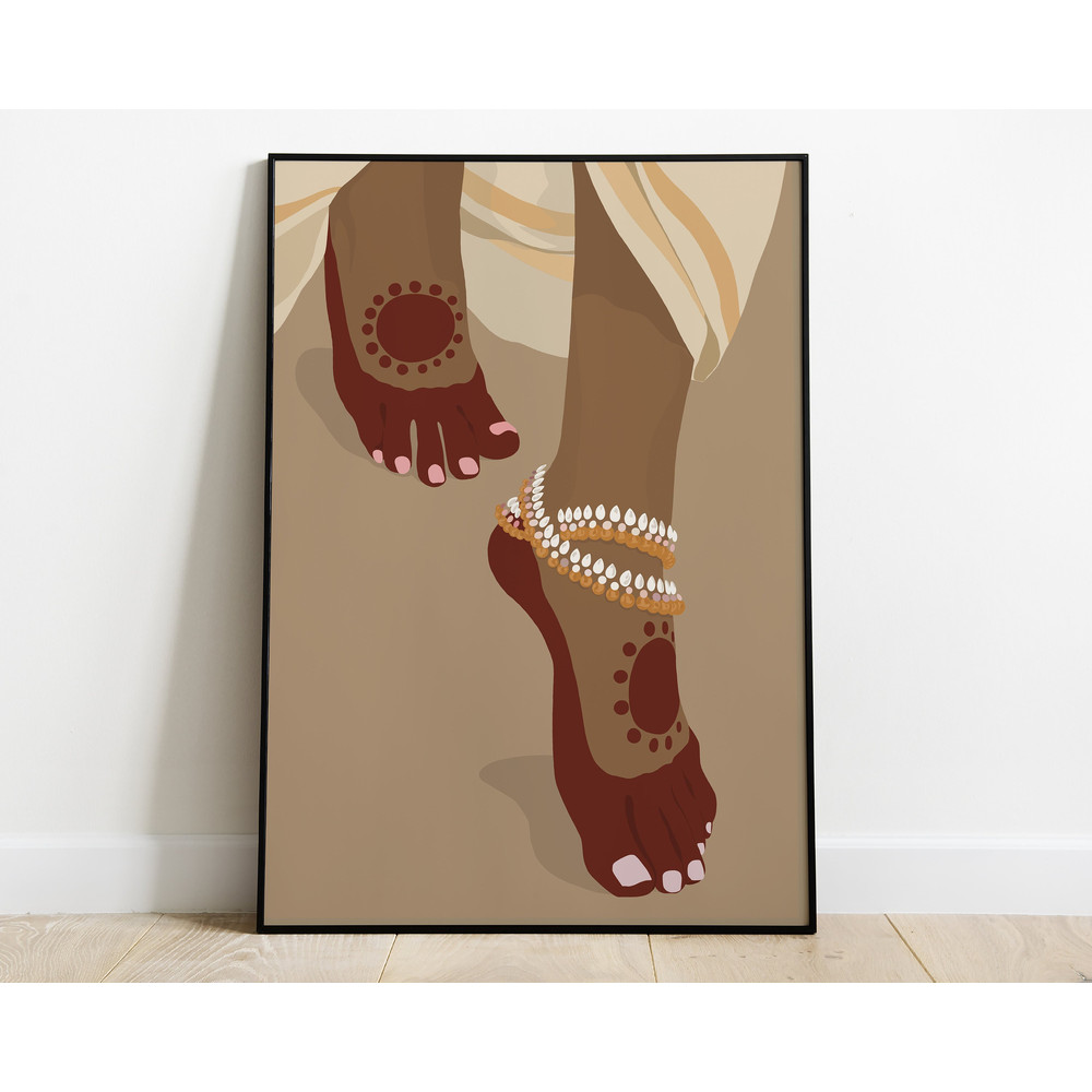 Indian Woman Feet With Kundan Payal Print, Brown Girl Boho Art, Dancer Feet With Mehndi & Anklet Art, South Asian, Desi Art, Legs with Henna.jpg