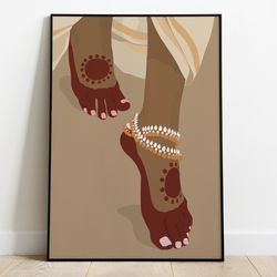 indian woman feet with kundan payal print, brown girl boho art, dancer feet with mehndi . anklet art