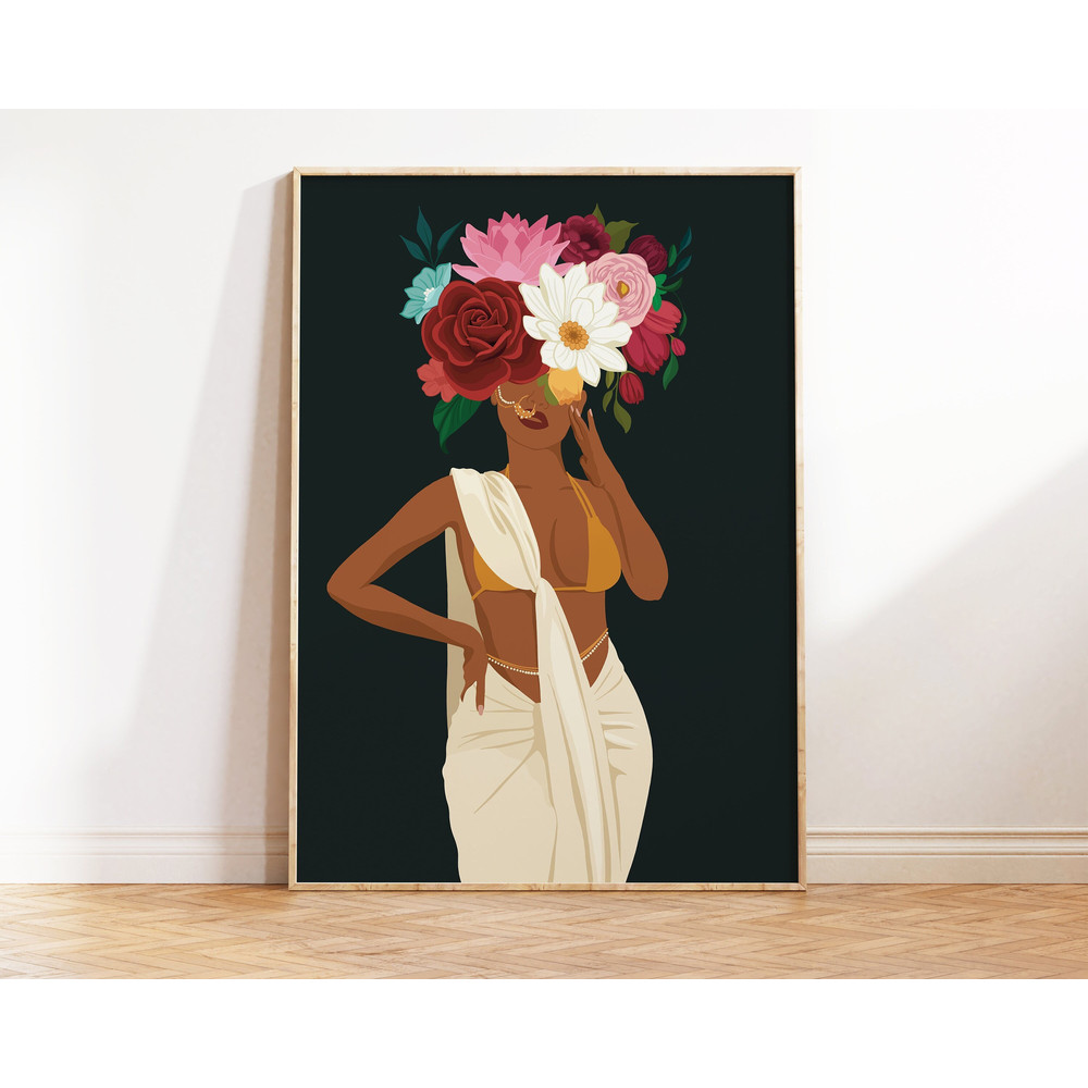 Indian Woman Flower Head Wall Art, Desi Art, Flower Woman Art, South Asian Art, Brown Girl, Modern Woman in Saree, South Indian Art, Tamil-2.jpg