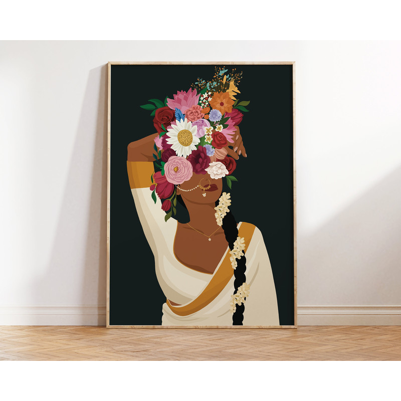 Indian Woman Flower Head Wall Art, Desi Art, Flower Woman Art, South Asian Art, Brown Girl, Modern Woman in Saree, South Indian Art, Tamil-3.jpg
