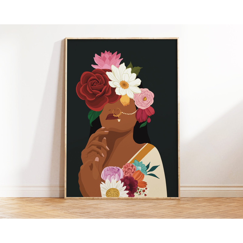 Indian Woman Flower Head Wall Art, Desi Art, Flower Woman Art, South Asian Art, Brown Girl, Modern Woman in Saree, South Indian Art, Tamil.jpg