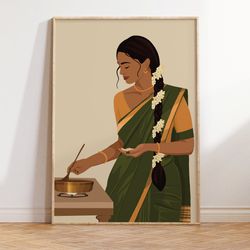 indian woman in saree cooking art, indian mom cooking poster, desi art, south asian art, brown girl