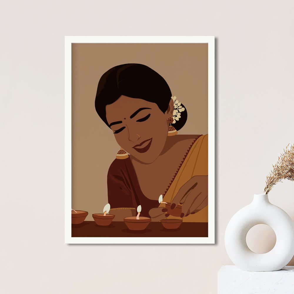 Indian Woman lighting diya Art, Brown Girl, Desi Art, South Asian Woman, American Indian Art, Diwali Gift, Diwali Lights Art, Diwali Decor.jpg